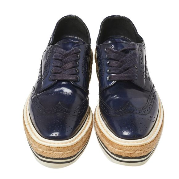 Prada Blue Brogue Leather Derby Lace Up Espadrille Sneakers Size 35.5 - Picture 3 of 4